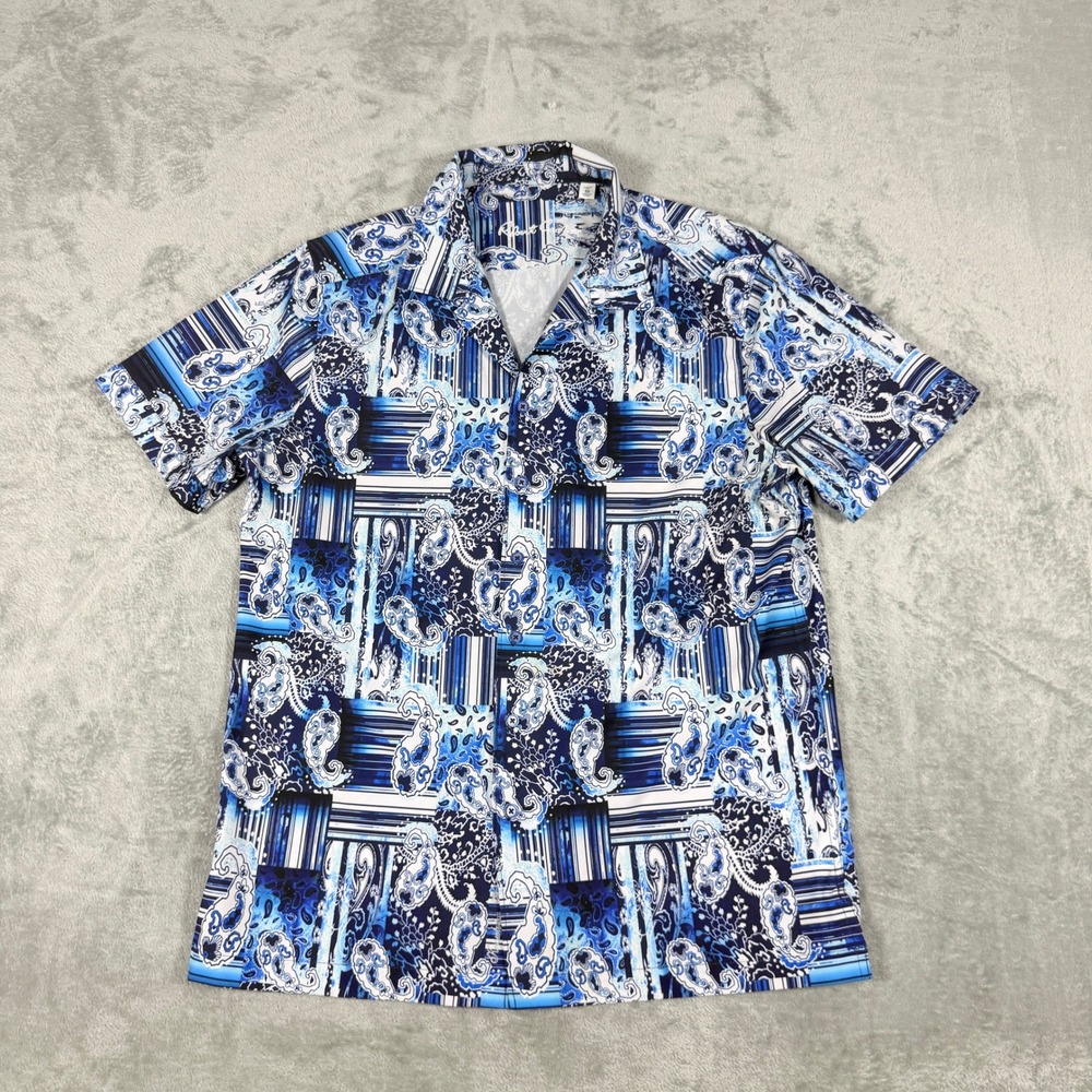 Robert Graham Mens Medium Short Sleeve Button Down Paisley Patchwork Blue Shirt